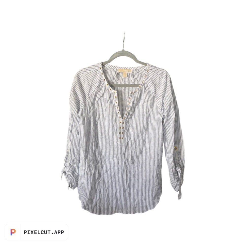 Womens Linen 3/4 Length Sleeve Shirt with Gold Accent, Small